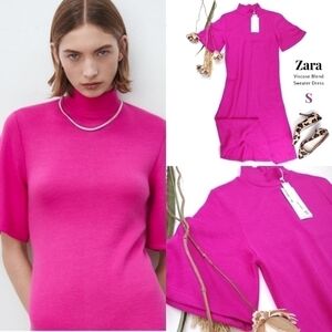 New Zara Pink Viscose Blend Mock Turtle Sweater Dress Sz S